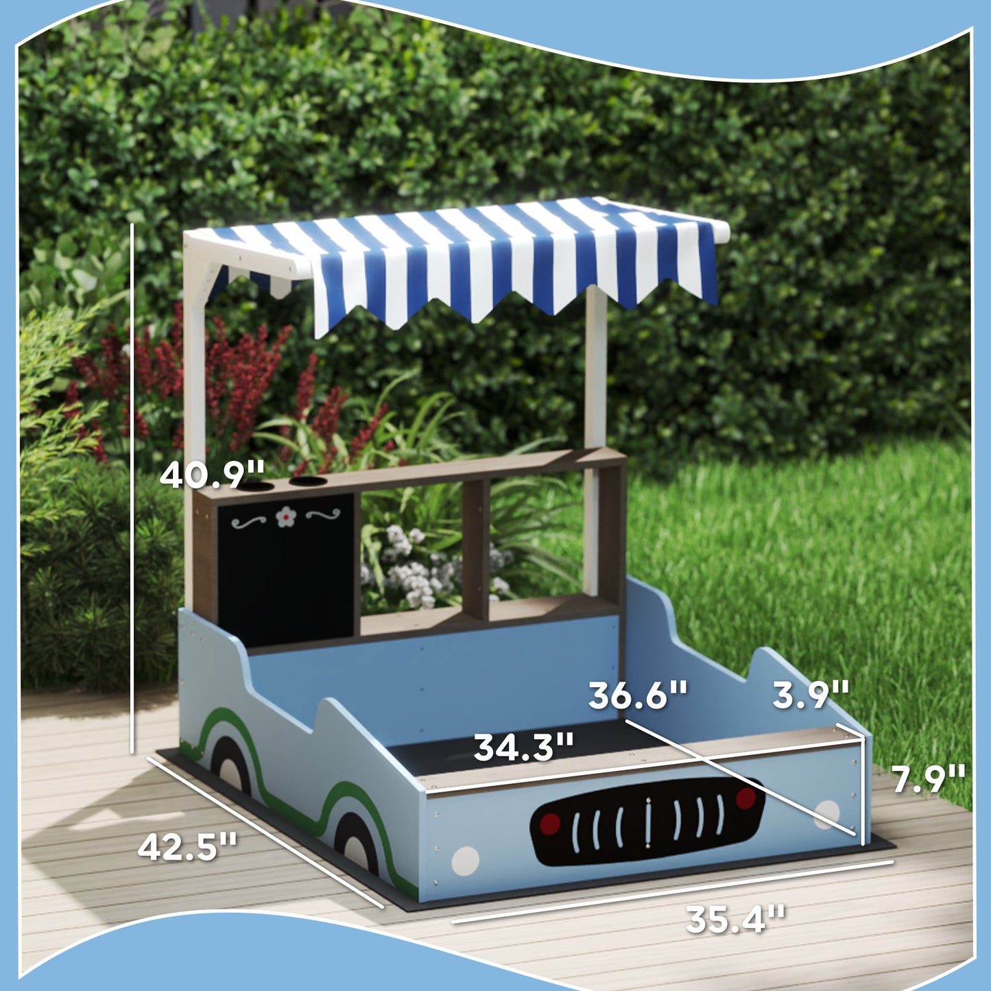 Kids Wooden Sandbox With Canopy With Bench Seats, Bottom Liner, Drawing Board, Planting Boxes For Backyard, Garden, Blue
