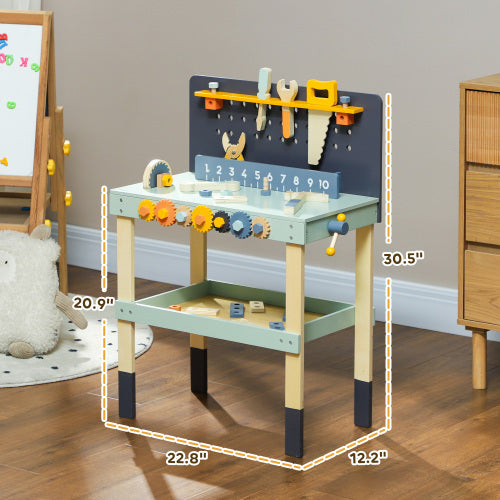 Qaba Kids Wooden Tool Bench, 49 Piece Kids Workbench Playset, Pretend Play Toy Construction Tool Set For Toddlers Age 3-6 Years, Light Blue