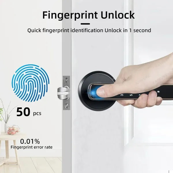 Tuya Fingerprint Door Lock With Lock Smart Fingerprint Door Handle With App Control And Key Biometric Door Lock, Fingerprint Door Lock For Bedroom, Front Door, Home, Apartment, Office And Garage Black