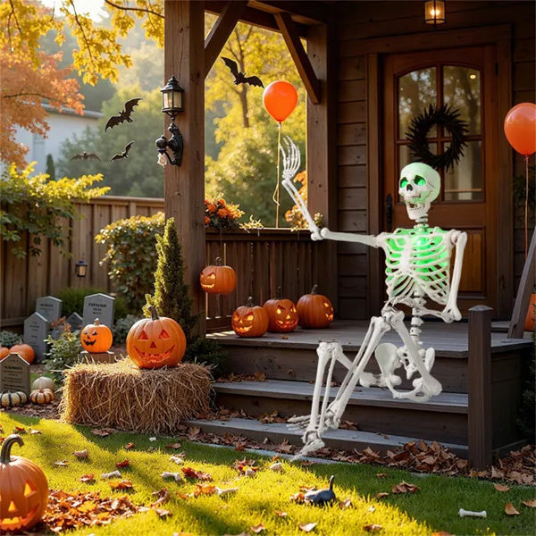 5.5ft Life-Size Pre-Lit Halloween Skeleton - Built-In Green LED Lights Eyes Chest , Fully Poseable Joints, PP PE Material
