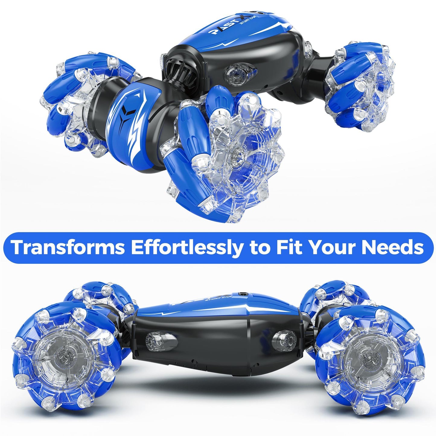 Blue and black robot toy transforming on a white background