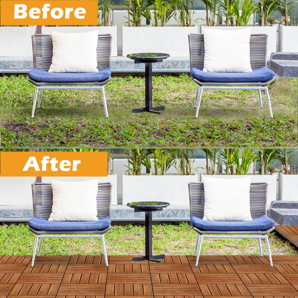 27pcs Wood Interlocking Deck Tiles 11.8x11.8, Waterproof Flooring Tiles For Indoor And Outdoor, Patio Wood Flooring For Patio Porch Poolside Balcony Backyard, Stripe Pattern