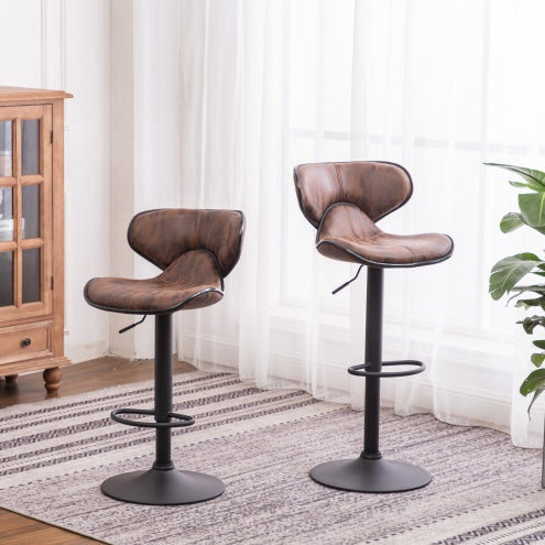 Swivel Barstool With Chrome Base Masaccio Weathered Upholstery Airlift Adjustable, Set Of 2, Brown
