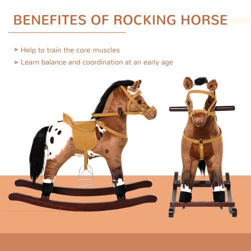 Qaba Kids Metal Plush Ride-On Rocking Horse Chair Toy With Realistic Sounds - Dark Brown White
