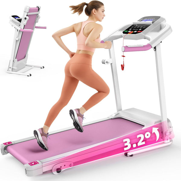 Pink Compact Folding Treadmill For Home - 2.5HP Quiet Brushless Motor, 3-Level Incline, 7.5 MPH, Shock Absorption, Space-Saving Design For Running, Walking - Treadmill For Small Spaces & Home Use