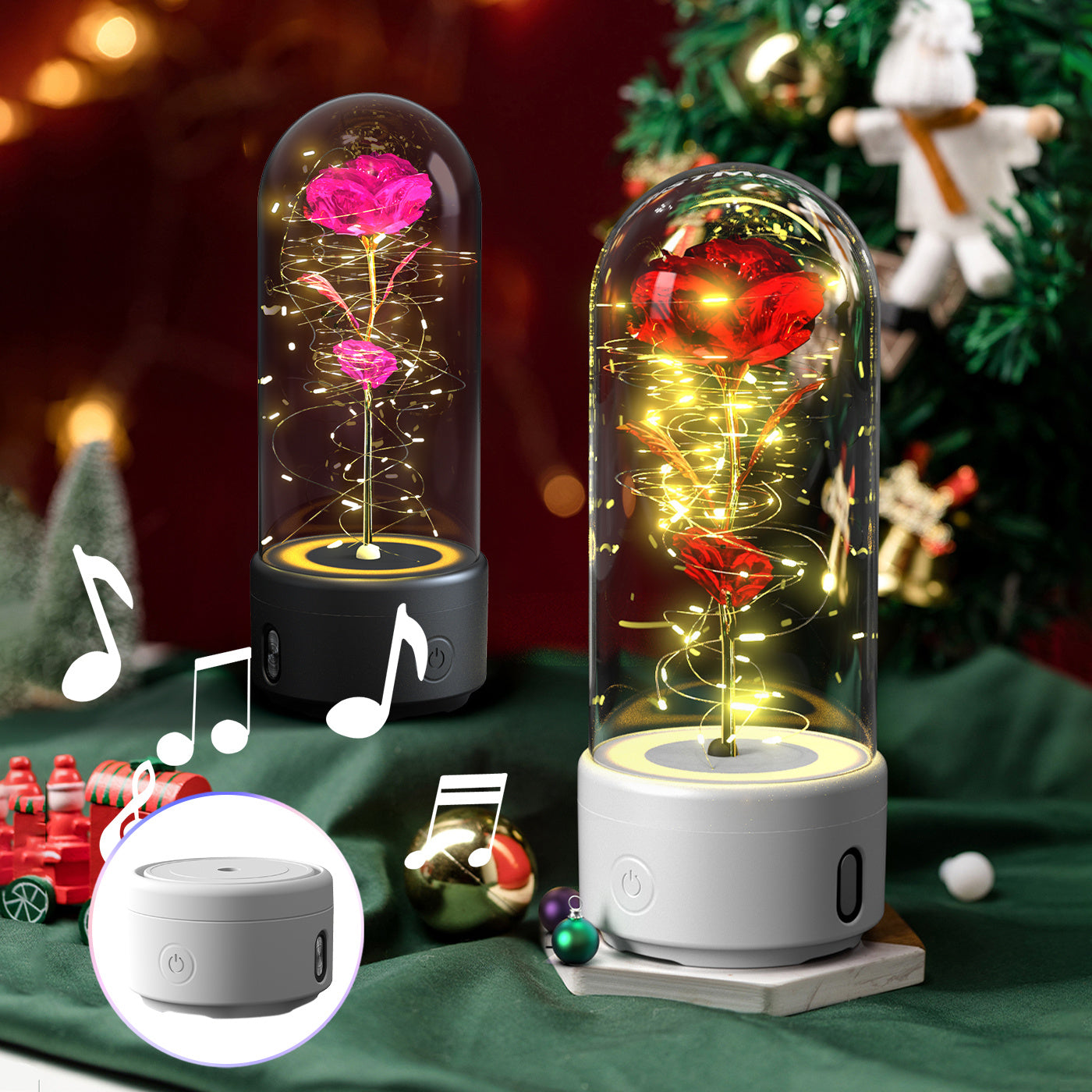 Creative 2 In 1 Rose Flowers LED Light And Bluetooth-compatible Speaker Gift Rose Luminous Night Light Ornament In Glass Cover