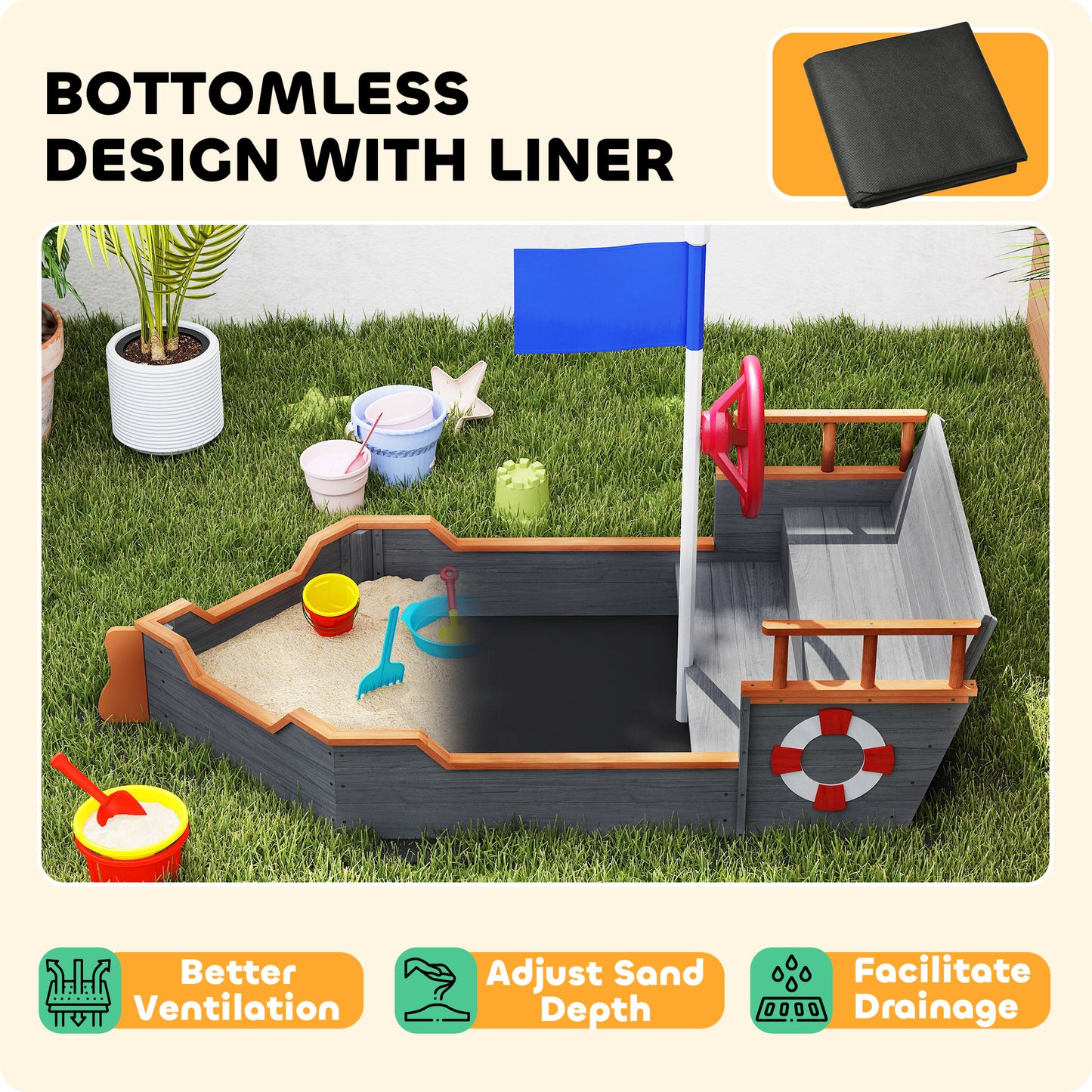 Kids Wooden Sandbox Pirate Ship Sandboat W Bench Seat Storage Space Ceder Wood, Gray