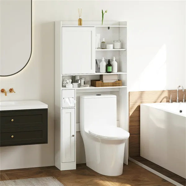 Over-The-Toilet Storage Cabinet White- 1 Top Shelf 2 Enclosed Cabinets Toilet Paper Holder,