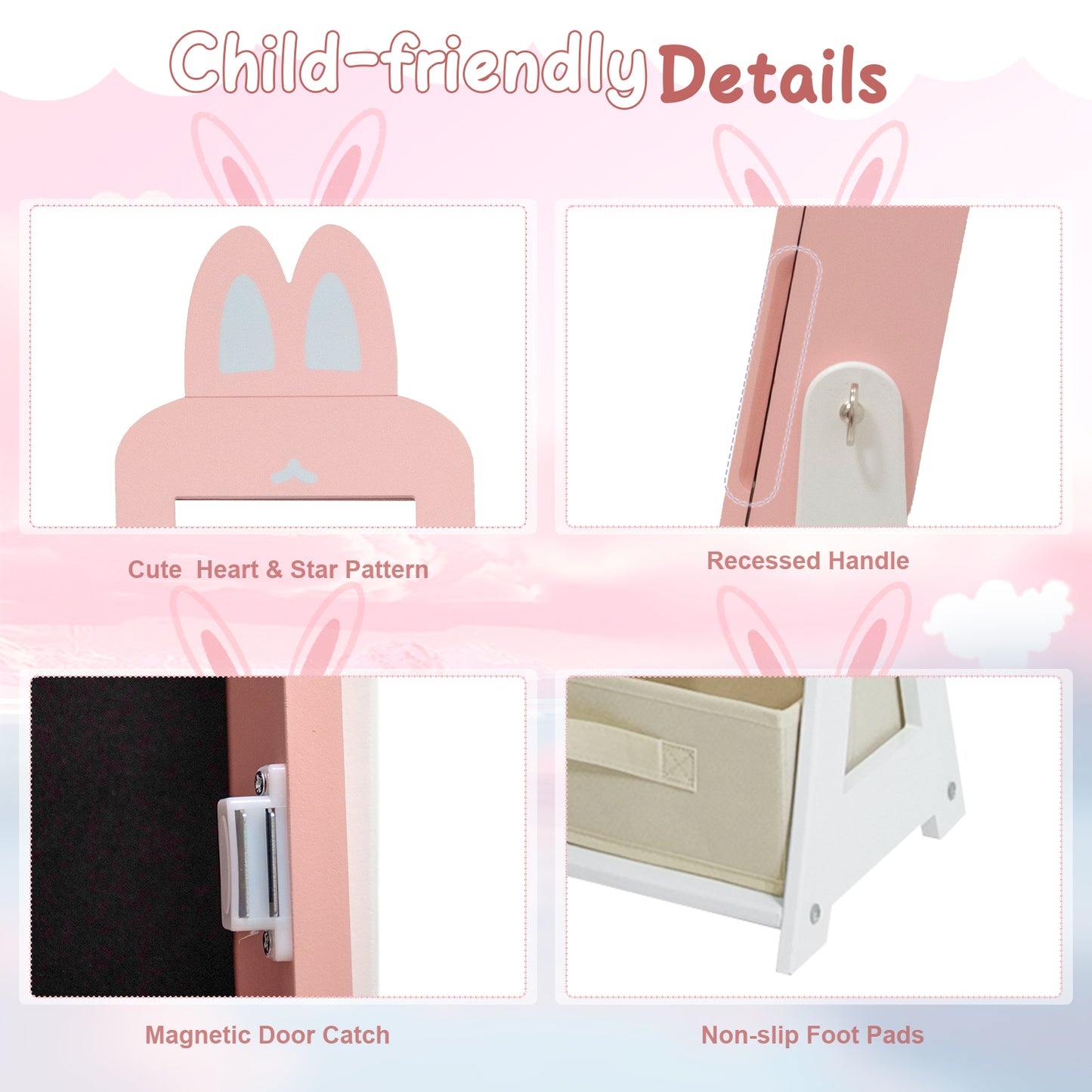 Child-friendly storage unit with bunny ears design, heart and star pattern, recessed handle, magnetic door catch, and non-slip foot pads on a pink background.