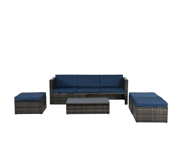 Sofa With Chaise Lounge Patio Furniture, Outdoor Furniture, Seasonal Polyethylene Wicker Furniture, 5 Piece Set of Wicker Furniture with Plywood