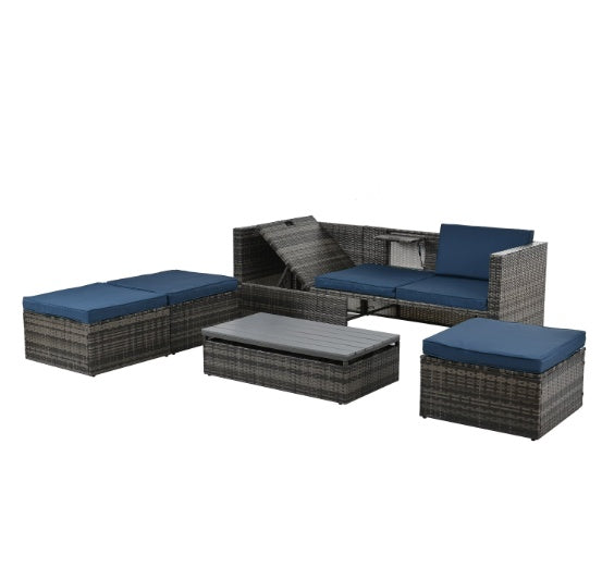 Sofa With Chaise Lounge Patio Furniture, Outdoor Furniture, Seasonal Polyethylene Wicker Furniture, 5 Piece Set of Wicker Furniture with Plywood