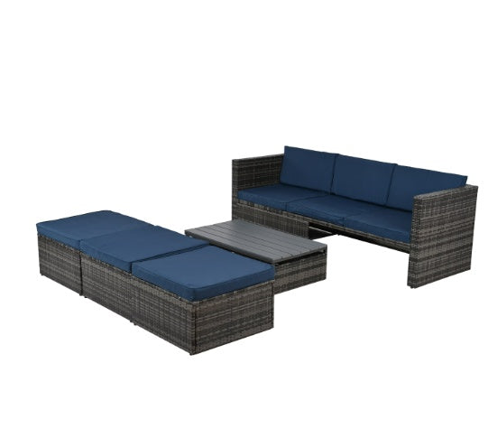 Sofa With Chaise Lounge Patio Furniture, Outdoor Furniture, Seasonal Polyethylene Wicker Furniture, 5 Piece Set of Wicker Furniture with Plywood