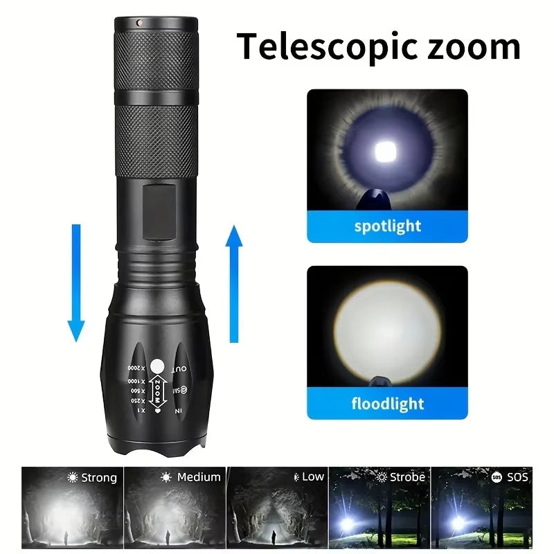 High Power LED Tactical Flashlight 5-Mode Light Zoom Waterproof Portable Torch For Camping Hiking Outdoor Hunting Aluminum Alloy Bright LED 5 Modes Zoomable Searchlight Handheld
