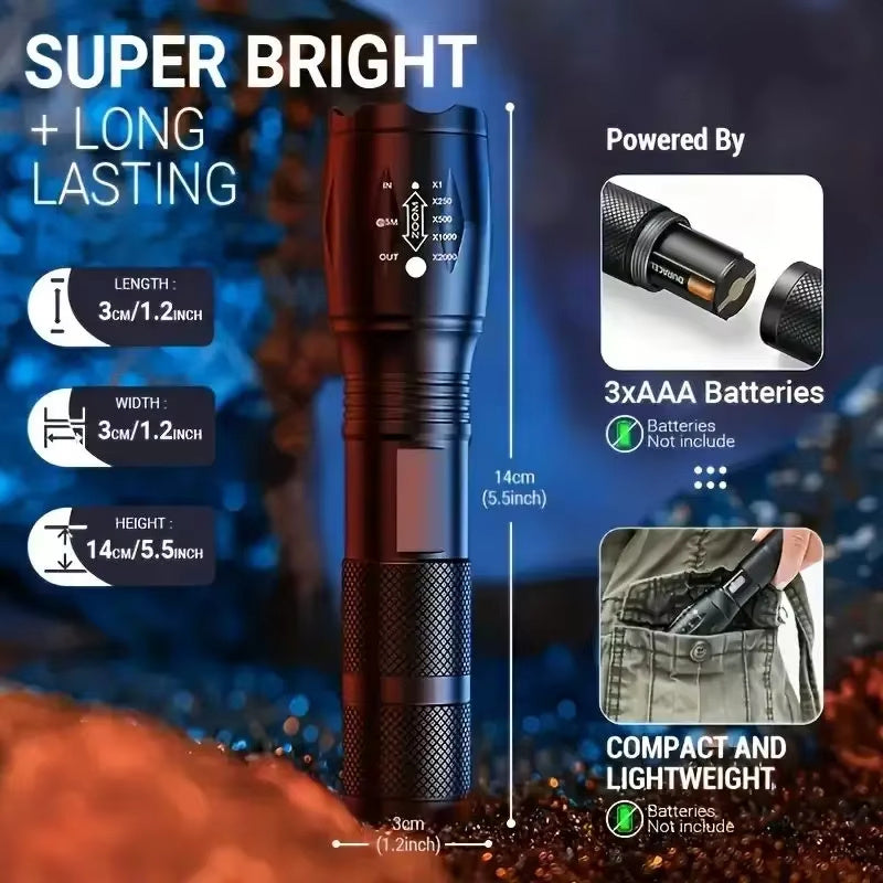 High Power LED Tactical Flashlight 5-Mode Light Zoom Waterproof Portable Torch For Camping Hiking Outdoor Hunting Aluminum Alloy Bright LED 5 Modes Zoomable Searchlight Handheld