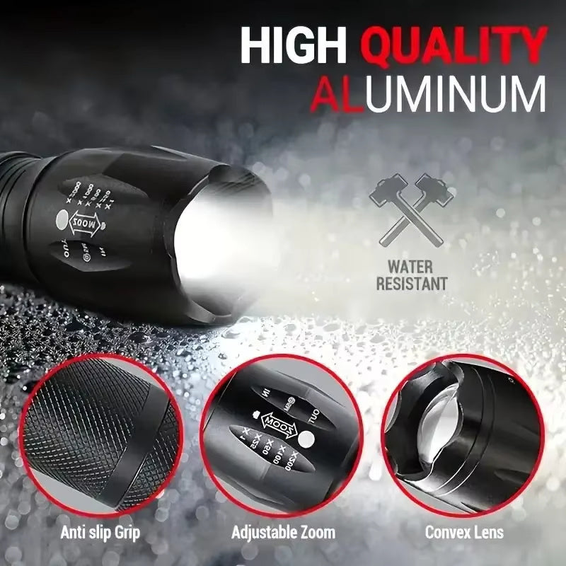High Power LED Tactical Flashlight 5-Mode Light Zoom Waterproof Portable Torch For Camping Hiking Outdoor Hunting Aluminum Alloy Bright LED 5 Modes Zoomable Searchlight Handheld