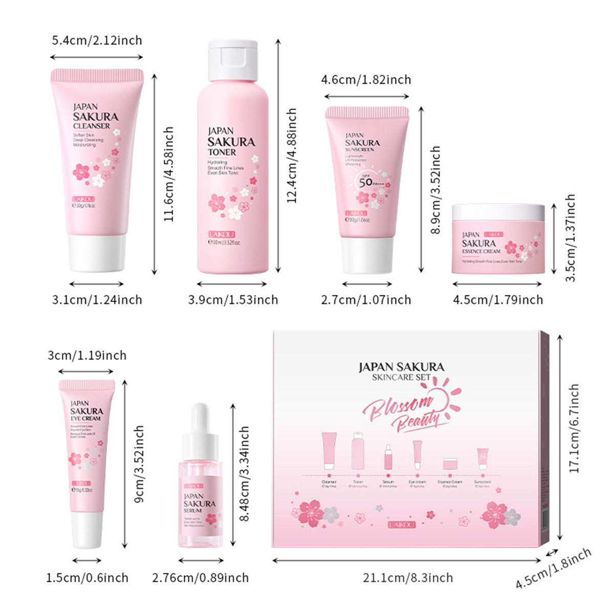 Skin Care Set JAPAN SAKURA Women Beauty Gift Sets Kit With Cleanser, Toner, Lotion, Serum, Eye Cream, Face Cream Travel Kit For Women Teen Girls Mom Daughter TSA-friendly Sizes 6pcs