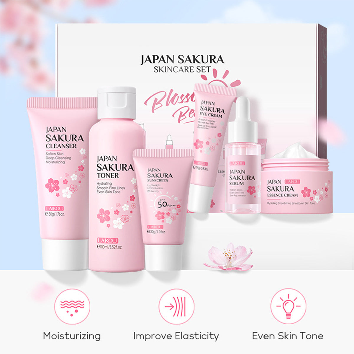 Skin Care Set JAPAN SAKURA Women Beauty Gift Sets Kit With Cleanser, Toner, Lotion, Serum, Eye Cream, Face Cream Travel Kit For Women Teen Girls Mom Daughter TSA-friendly Sizes 6pcs
