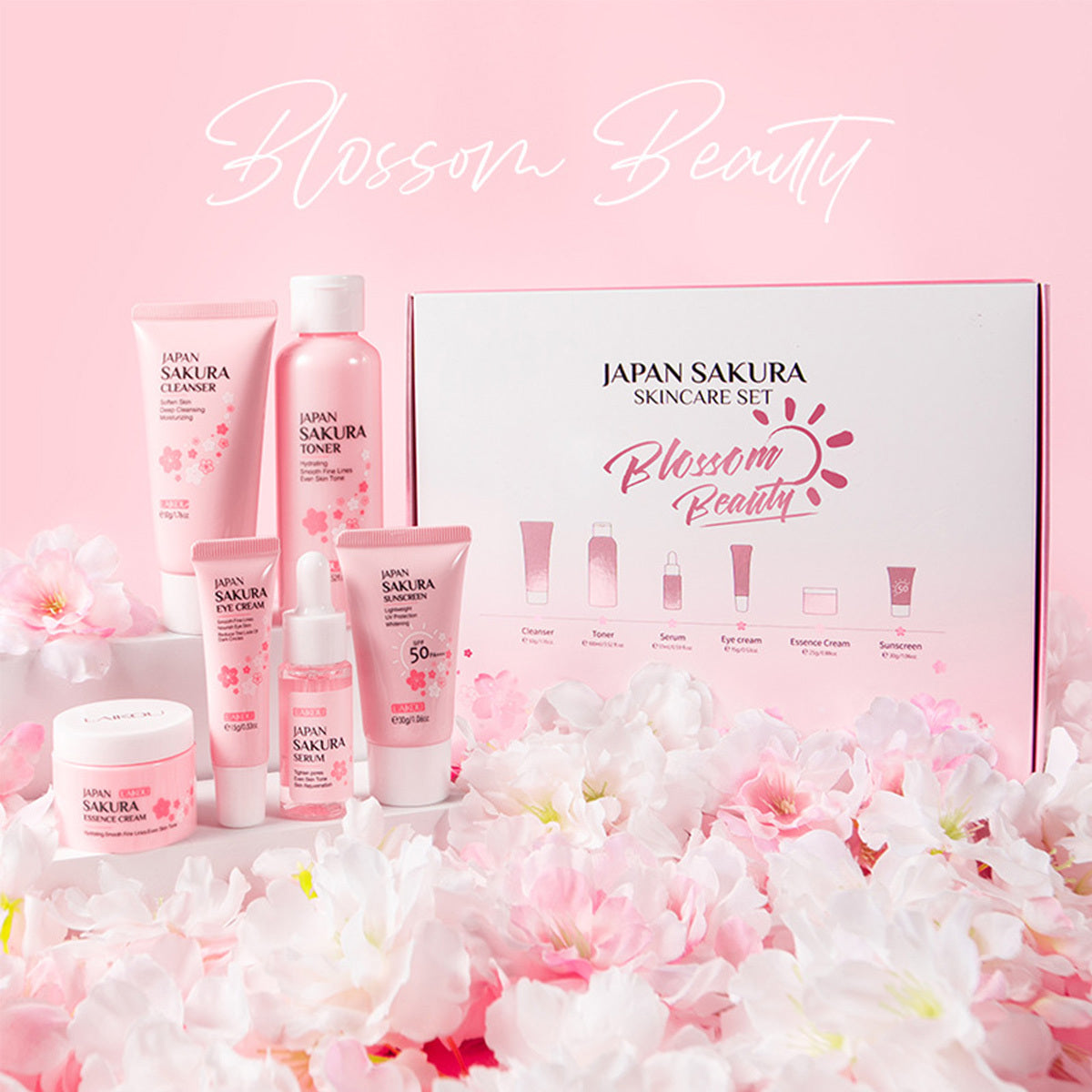 Skin Care Set JAPAN SAKURA Women Beauty Gift Sets Kit With Cleanser, Toner, Lotion, Serum, Eye Cream, Face Cream Travel Kit For Women Teen Girls Mom Daughter TSA-friendly Sizes 6pcs