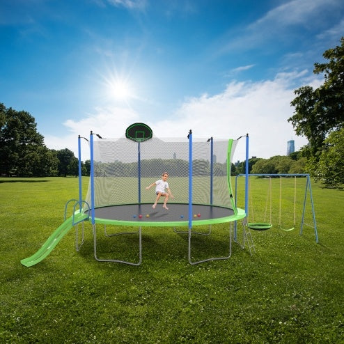 12FT Trampoline With Slide And Swings, ASTM Approved Large Recreational Trampoline With Basketball Hoop And Ladder, Outdoor Backyard Trampoline With Net, Capacity For Kids And Adults