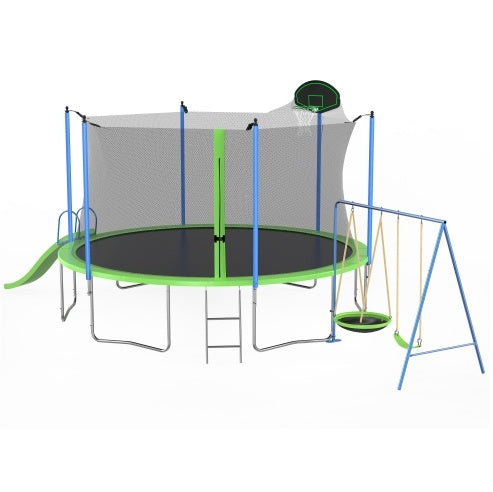 12FT Trampoline With Slide And Swings, ASTM Approved Large Recreational Trampoline With Basketball Hoop And Ladder, Outdoor Backyard Trampoline With Net, Capacity For Kids And Adults
