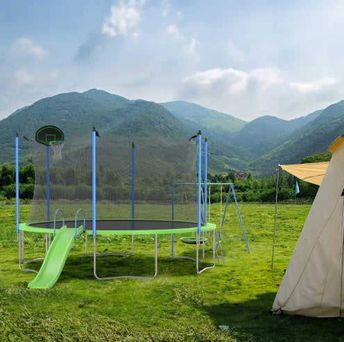 12FT Trampoline With Slide And Swings, ASTM Approved Large Recreational Trampoline With Basketball Hoop And Ladder, Outdoor Backyard Trampoline With Net, Capacity For Kids And Adults