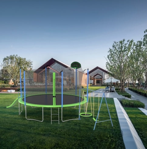 12FT Trampoline With Slide And Swings, ASTM Approved Large Recreational Trampoline With Basketball Hoop And Ladder, Outdoor Backyard Trampoline With Net, Capacity For Kids And Adults