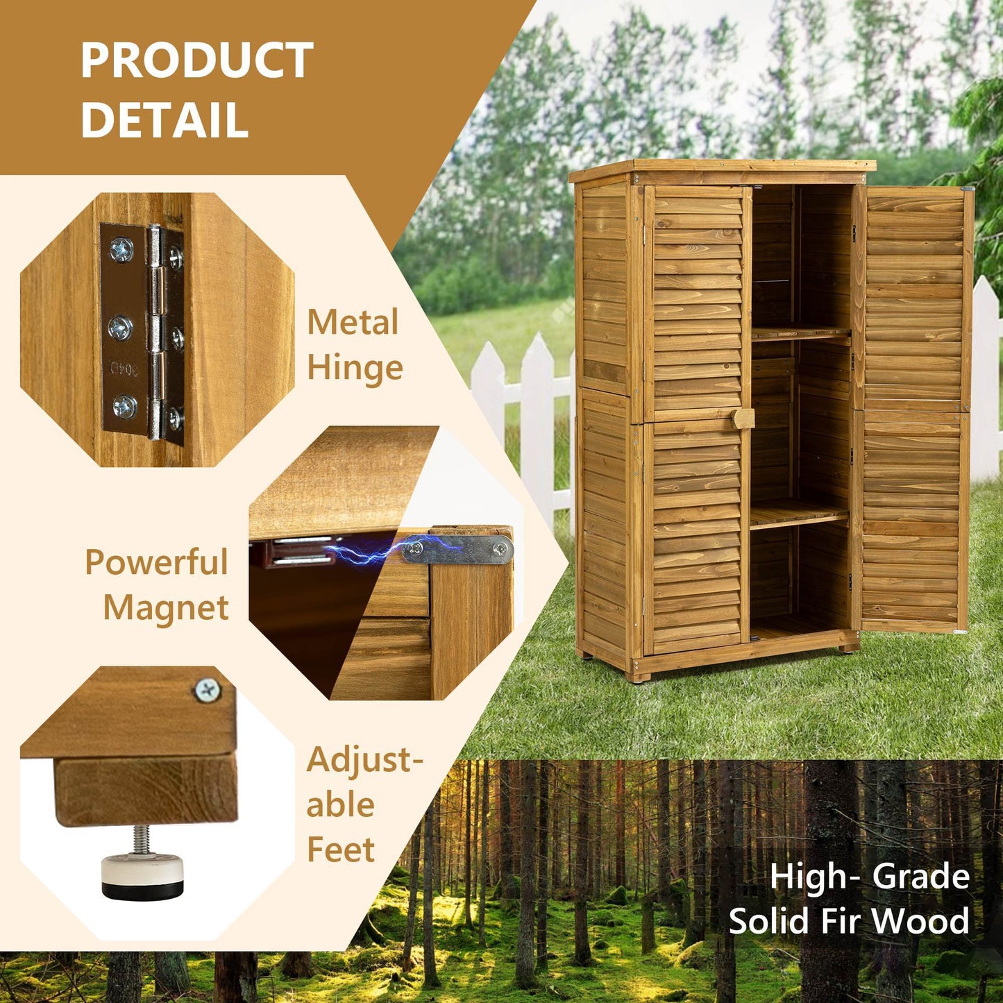 Outdoor Storage Cabinet, Wood Garden Shed, Pool Storage Shed With Lockable Door, Waterproof Roof And 2 Removable Shelves, Vertical Outside Storage Shed For Patio, Backyard And Lawn