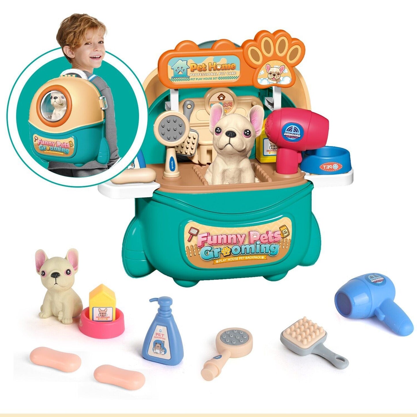 2025 Pet Care Play Set Doctor Kit For Kids, 16 Pcs Doctor Pretend Play Vet Dog Grooming Toys Puppy Dog Carrier Feeding Dog Backpack Gifts