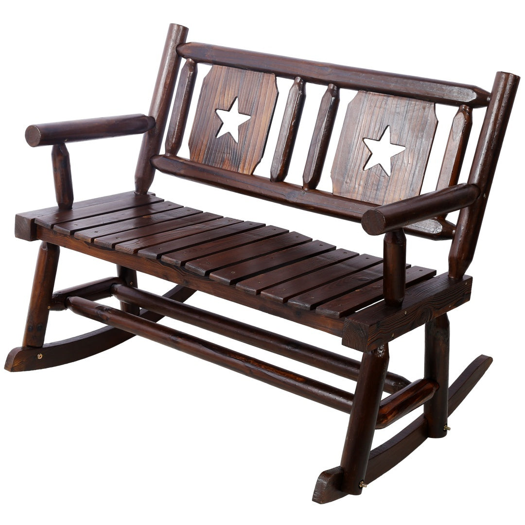 Outdoor Solid Wood Rocking Chair Bench Carbonized Double Rocking Chair For 2 People With Wide Curved Seat For Porch, Garden, Backyard, Rustic Brown