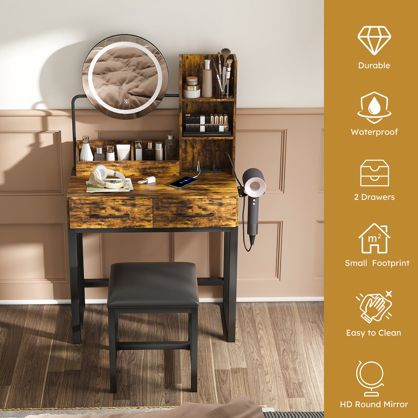 Makeup Vanity With LED Lights&3 Color And Power Outlet Makeup Vanity Table With 2 Big Drawers With Sturdy Metal Leg And Metal Chair ,Dressing Table For Bedroom Dressing Room Brown