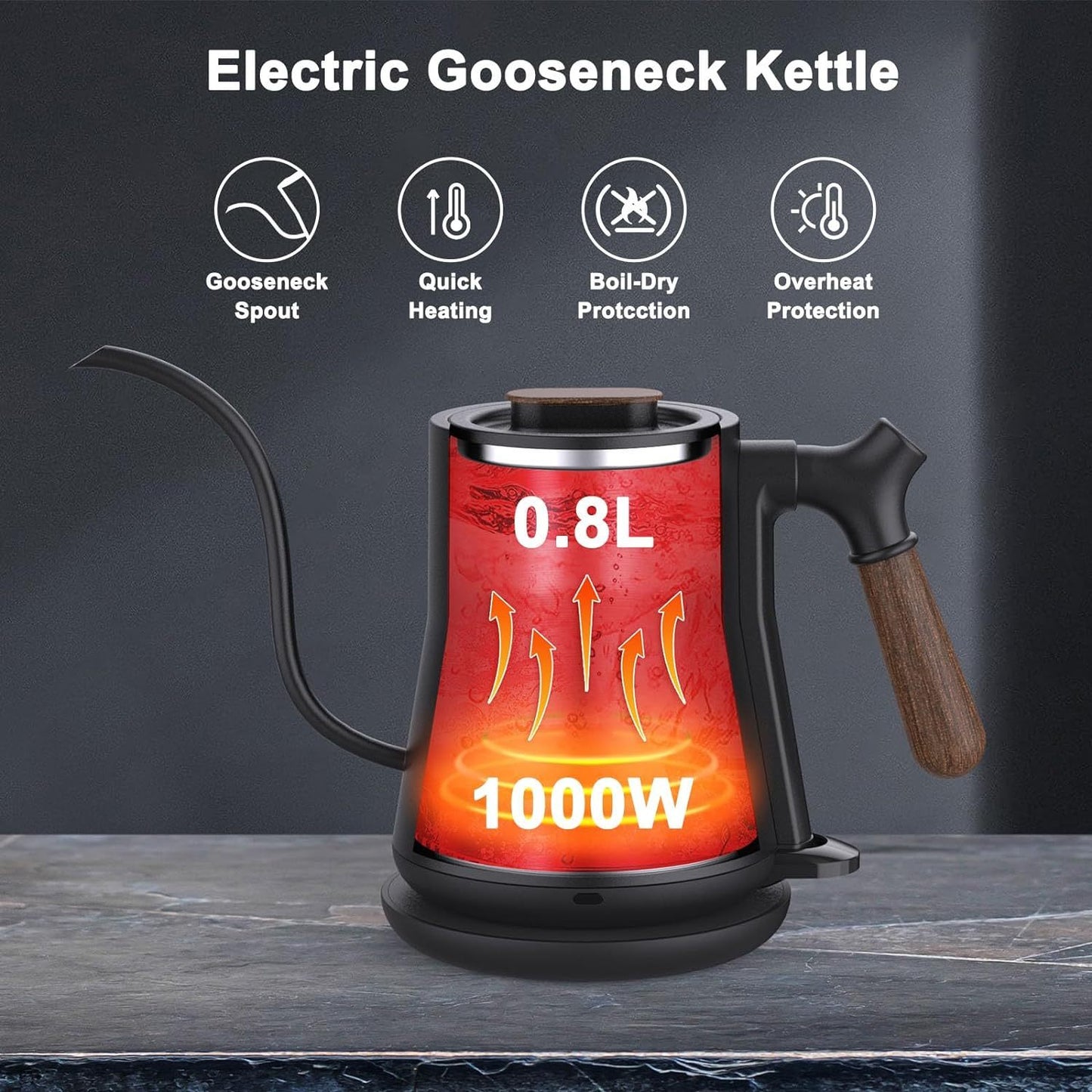 Stainless Steel Inner Electric Kettle Coffee, Hot Water Tea, With Leak Proof Design, Rapid Heating, Auto Shutoff, Gooseneck
