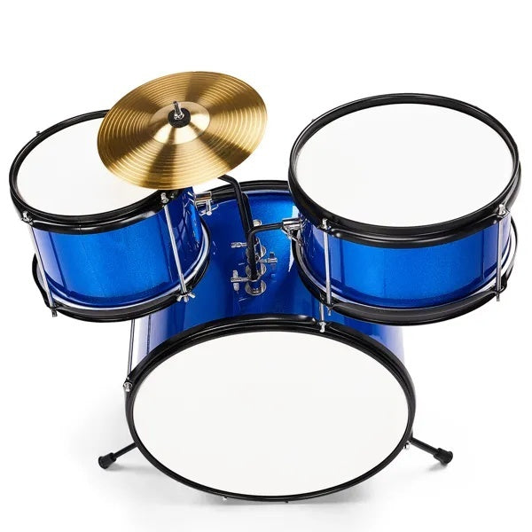 3-Pieces Junior Kids Drum Set Kit Pedal Drum Stick Wrench Drum Stool Dark Blue