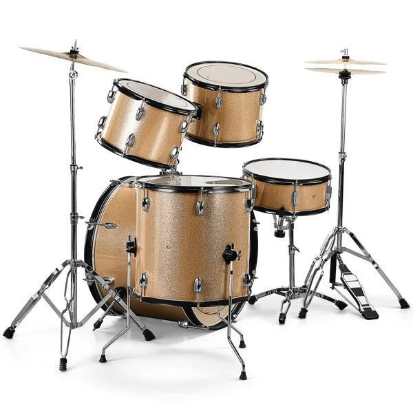 Full Size AdultDrum Set 5-Piece Champagne With Bass Drum, Two Tom Drum, Snare Drum, Floor Tom, Stool, Drum Pedal, Sticks