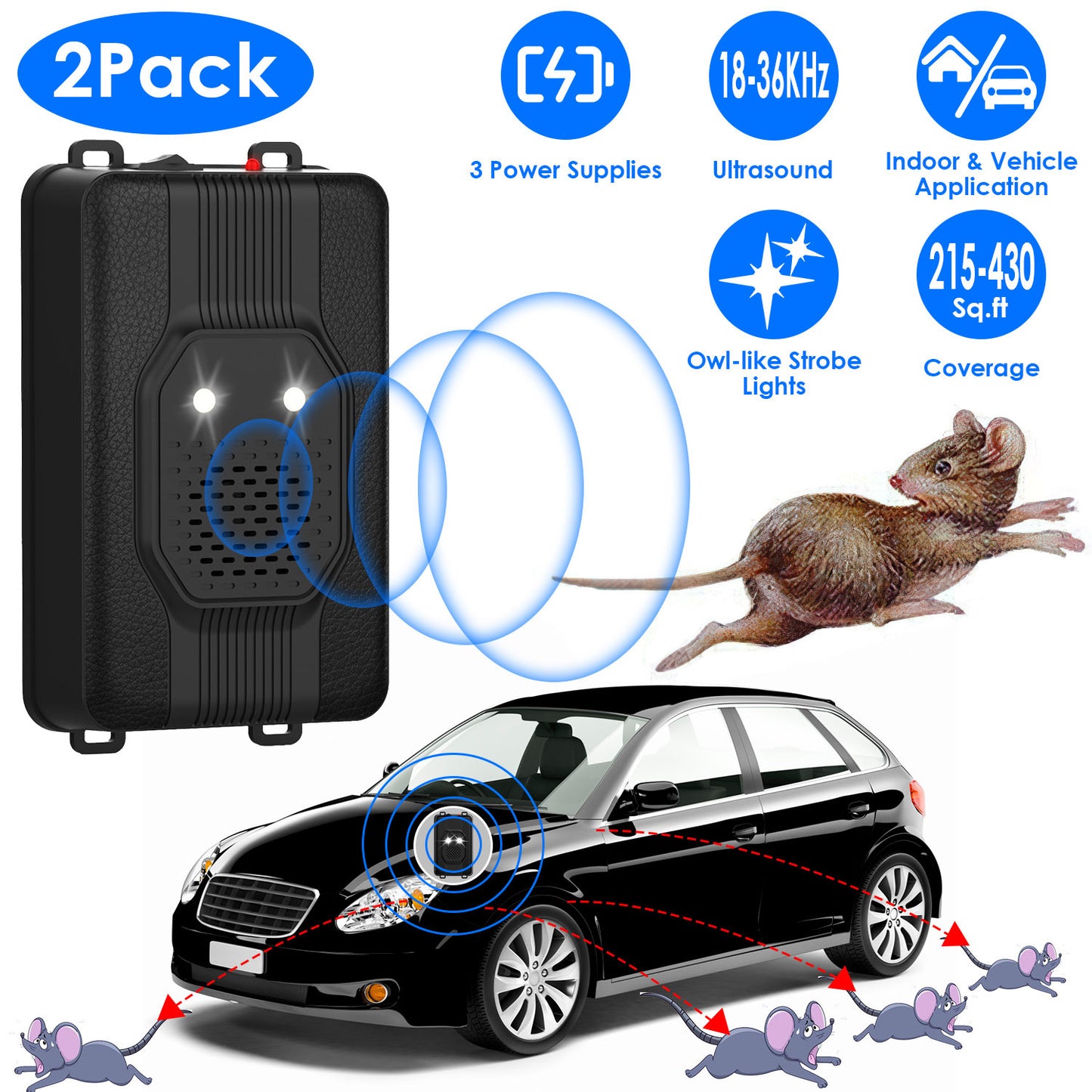 2 Pack Under Hood Ultrasonic Rodent Repeller Rodent Control Deterrent Chaser Blocker For Vehicle Indoor With Strobe Light 3 Power Supplies