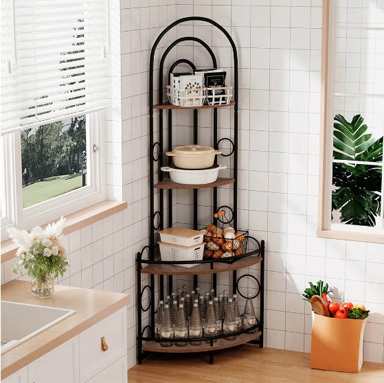 Corner Storage Shelf, 4 Tier Corner Bookshelves, Plant Shelf with Metal Frame, For Living Room, Kitchen, Home Office, Modern Style Plant Stand With Metal Frame