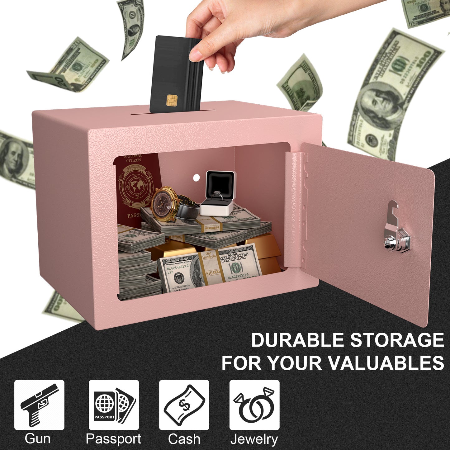 Secure Safe With Key And Password Money Home Safe, 0.23 Cubic Feet Small Safe, Mini Storage Cabinet, Suitable For Home Use, Can Store Money, Documents, And Valuable Items