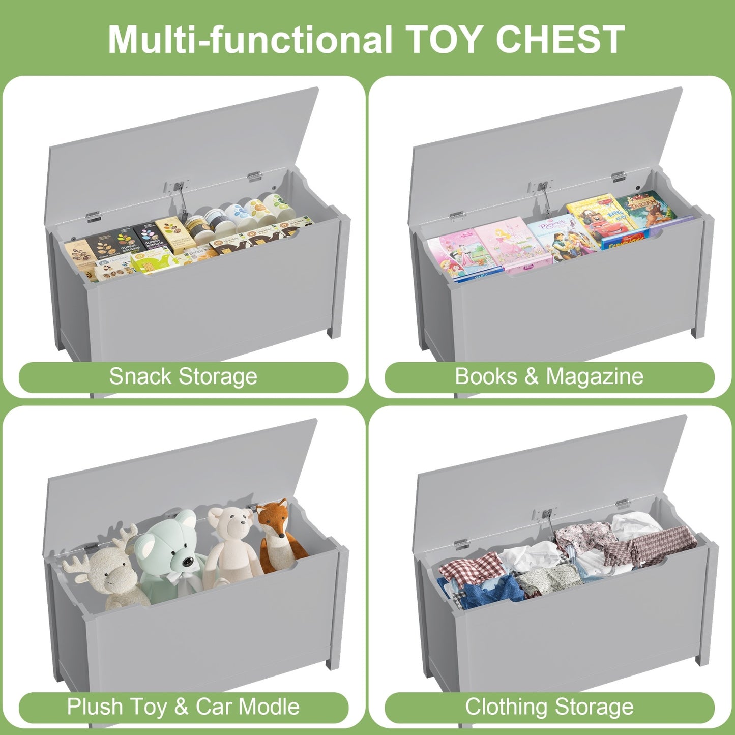 Kids Wooden Toy Box Storage With Safety Hinged Lid Gray