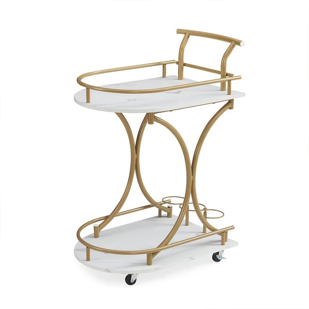 2 Tier Bar Car, Golden Wine Cart with Wine Rack & Glass Rack, Mobile Bar Service Car, Party, Home, Living Room Rolling Drink Car
