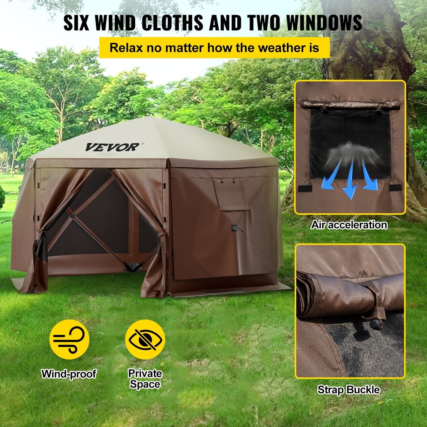VEVOR 12 x 12 Camping Gazebo Screen Tent, 6 Sided Pop Up Canopy Shelter Tent With Mesh Windows, Portable Carry Bag, Stakes, Large Shade Tents For Outdoor Camping, Lawn And Backyard, Brown Beige