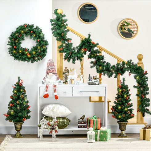 HOMCOM Pre lit Holiday Christmas 4-Piece Set, Garland Wreath And Set Of 2 Entrance Trees With Warm White LED Lights, Red Berries, Pine Cones, Green