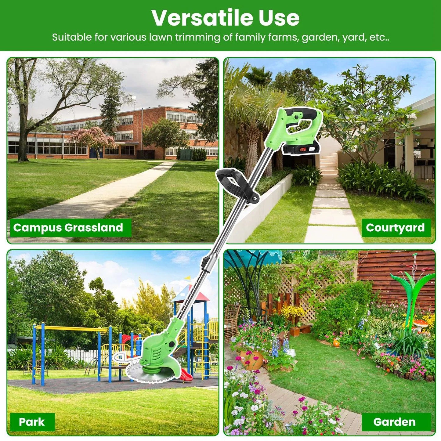24V 300W Cordless Grass Trimmer Rechargeable Lawn Mower 18000M Min Weed Cutter With Saw Blade 2 Stainless Steel Blades 10 Plastic Blades 2 Rechargeable Batteries Goggles Gloves