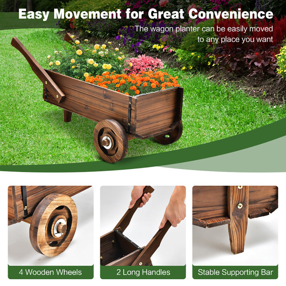 Wooden Wagon Cart Planter Box With Wheels Handles And Drainage Hole