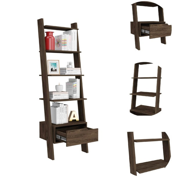 Trapezoidal Bookshelf, Four Legs, One Drawer, Five Open Shelves - Deep Walnut Wood
