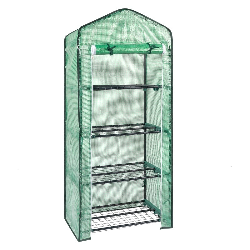 69x49x160cm PE Fabric Flower Room, Black Iron Pipe Pointed Mini Strip, 4-layer Grid Flower Rack With Zipper Roll Door