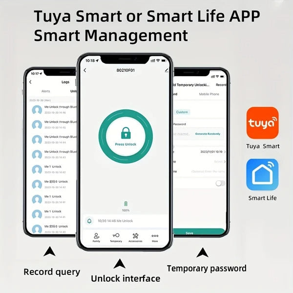 Tuya Door Lock With Lock And Key, APP Remote Unlock, Smart Door Lock With App Control And Key, Smart Door Lock For Bedroom, Front Door, House, Apartment, Office And Garage, Black