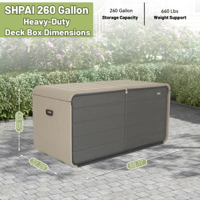 260 Gallon Plastic Deck Box, Large Patio Storage Box With Lock, Wheels Waterproof Lid For Outdoor Cushions, Garden And Pool Supplies Gray