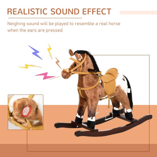 Qaba Kids Metal Plush Ride-On Rocking Horse Chair Toy With Realistic Sounds - Dark Brown White