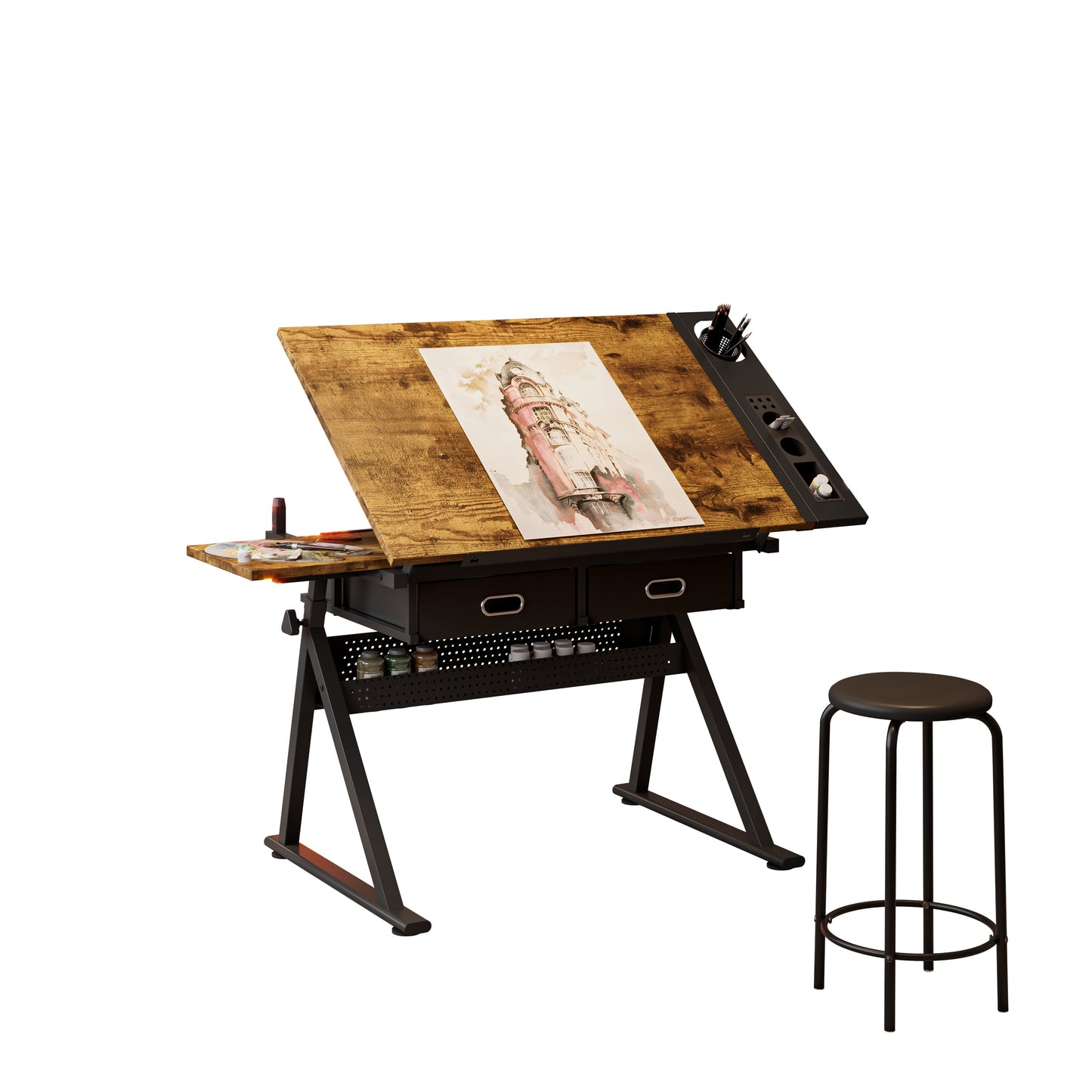 Adjustable Drawing Drafting Table Desk With 2 Drawers For Home Office And School With Stool Wood