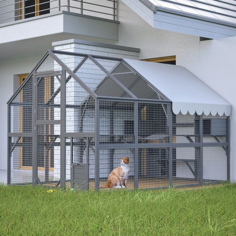 Extra Spacious Catio Outdoor Cat Haven, 110 Inch Luxury Cattery With Weather-Resistant Roof, Cat Climbing Ramp, Space Pod Bed, 2 Lounging Huts