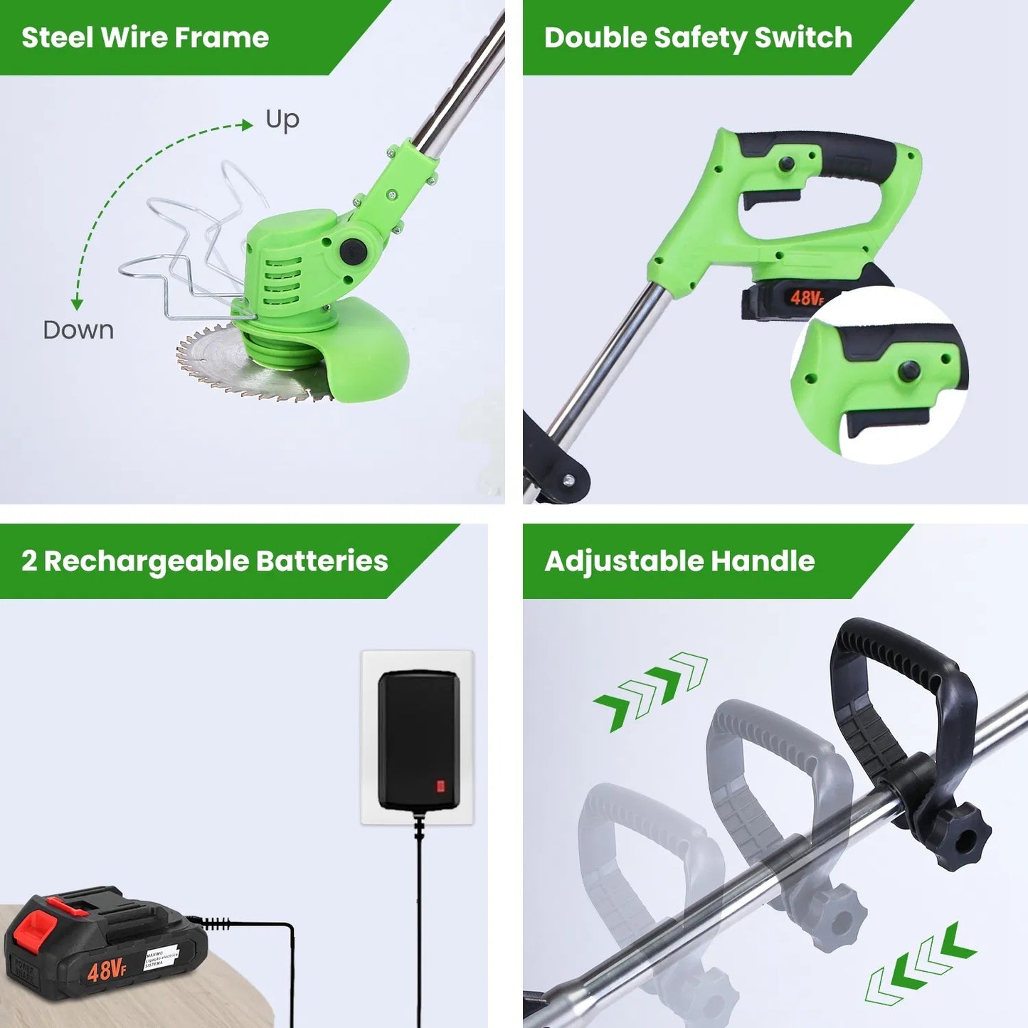 24V 300W Cordless Grass Trimmer Rechargeable Lawn Mower 18000M Min Weed Cutter With Saw Blade 2 Stainless Steel Blades 10 Plastic Blades 2 Rechargeable Batteries Goggles Gloves